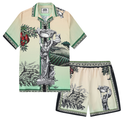 Greek Statue Olive Branch Pattern Silk Fiber Waistband Shorts