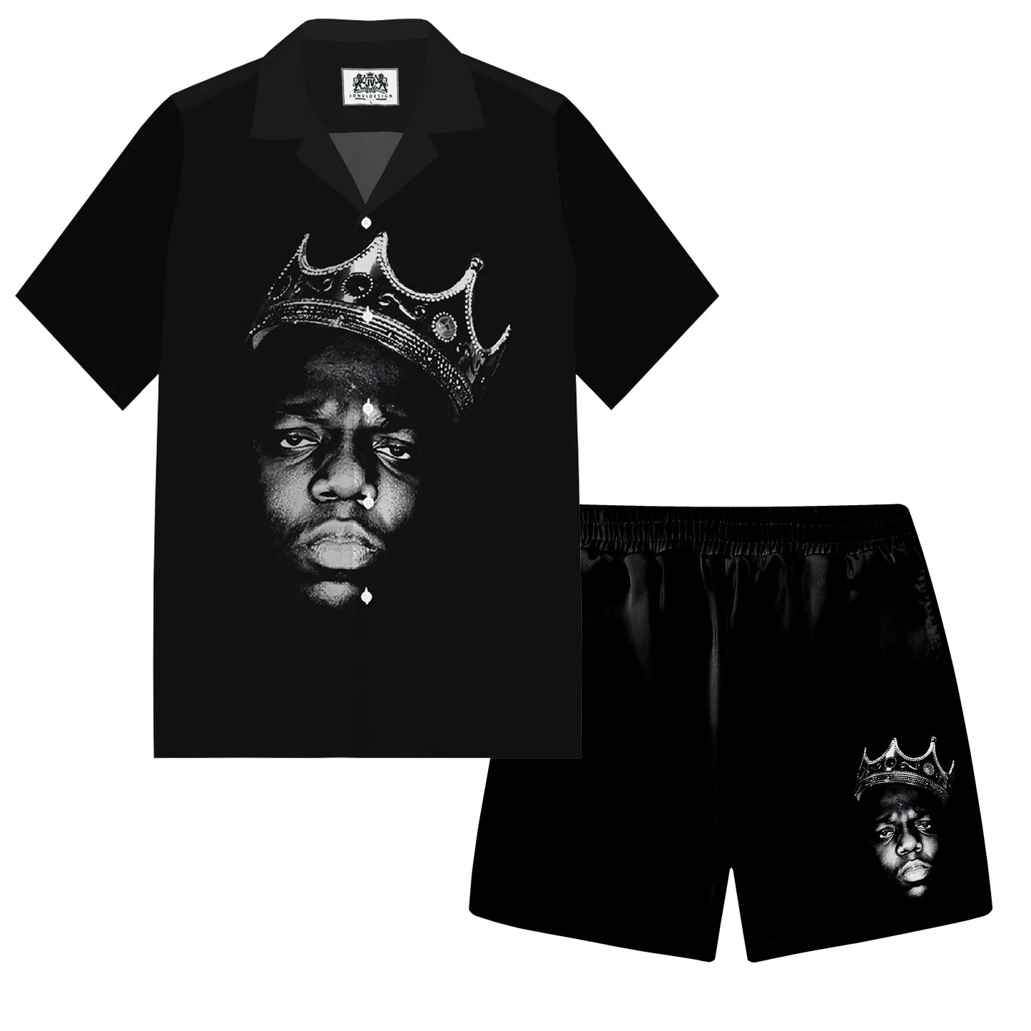 Men's Black Crown Print Camp Collar Short Sleeve Shirt