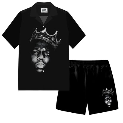 Men's Black Crown Print Camp Collar Short Sleeve Shirt