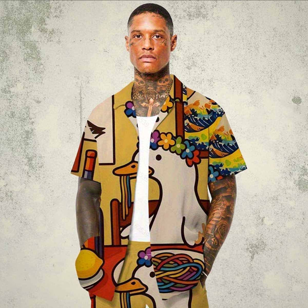 Funny Goose Eating Spaghetti Print Camp Collar Short-Sleeved Shirt