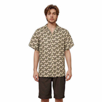 Maze Alphabet Pattern Camp Collar Short Sleeve Shirt