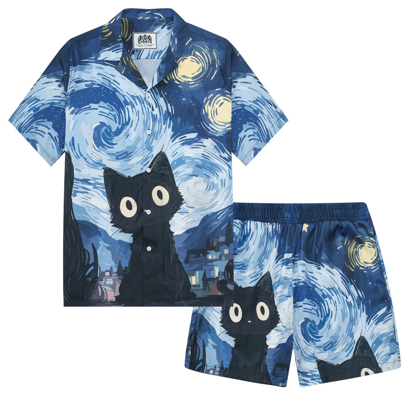 Cat Print Camp Collar Short Sleeve Shirt Abstract Art Style