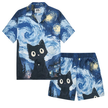 Cat Print Camp Collar Short Sleeve Shirt Abstract Art Style