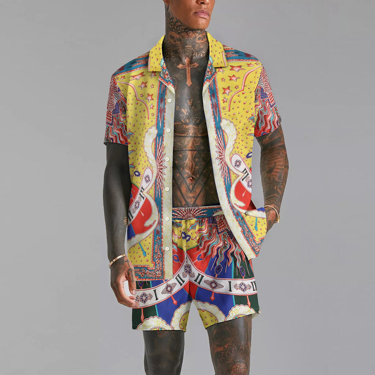 Yellow Star and Moon Pattern Camp Collar Shirt