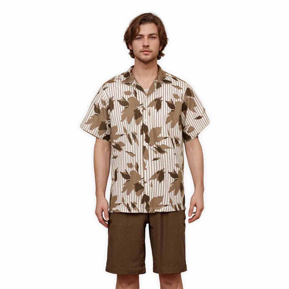 Brown Vertical Striped Camp Collar Short Sleeve Shirt