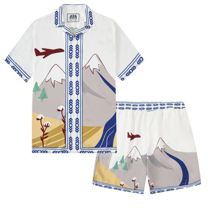 Snow Mountain Wind Turbine Pattern Waistband Shorts