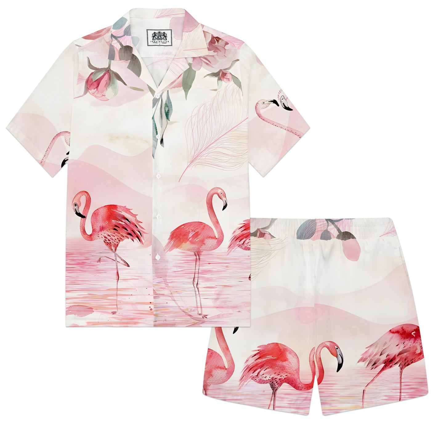 Pink Flamingo Print Camp Collar Short Sleeve Shirt