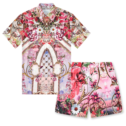 Floral Blossom Printed Silk Fiber Short Sleeve Casual Shirt