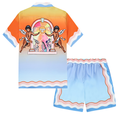 Angel Sun Pattern Short Sleeve Camp Collar Shirt