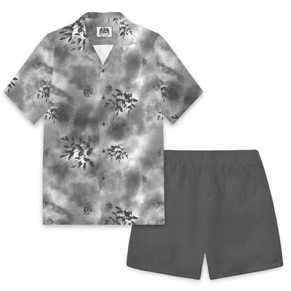 Gray Leaf Print Elastic Waistband Summer Casual Shorts