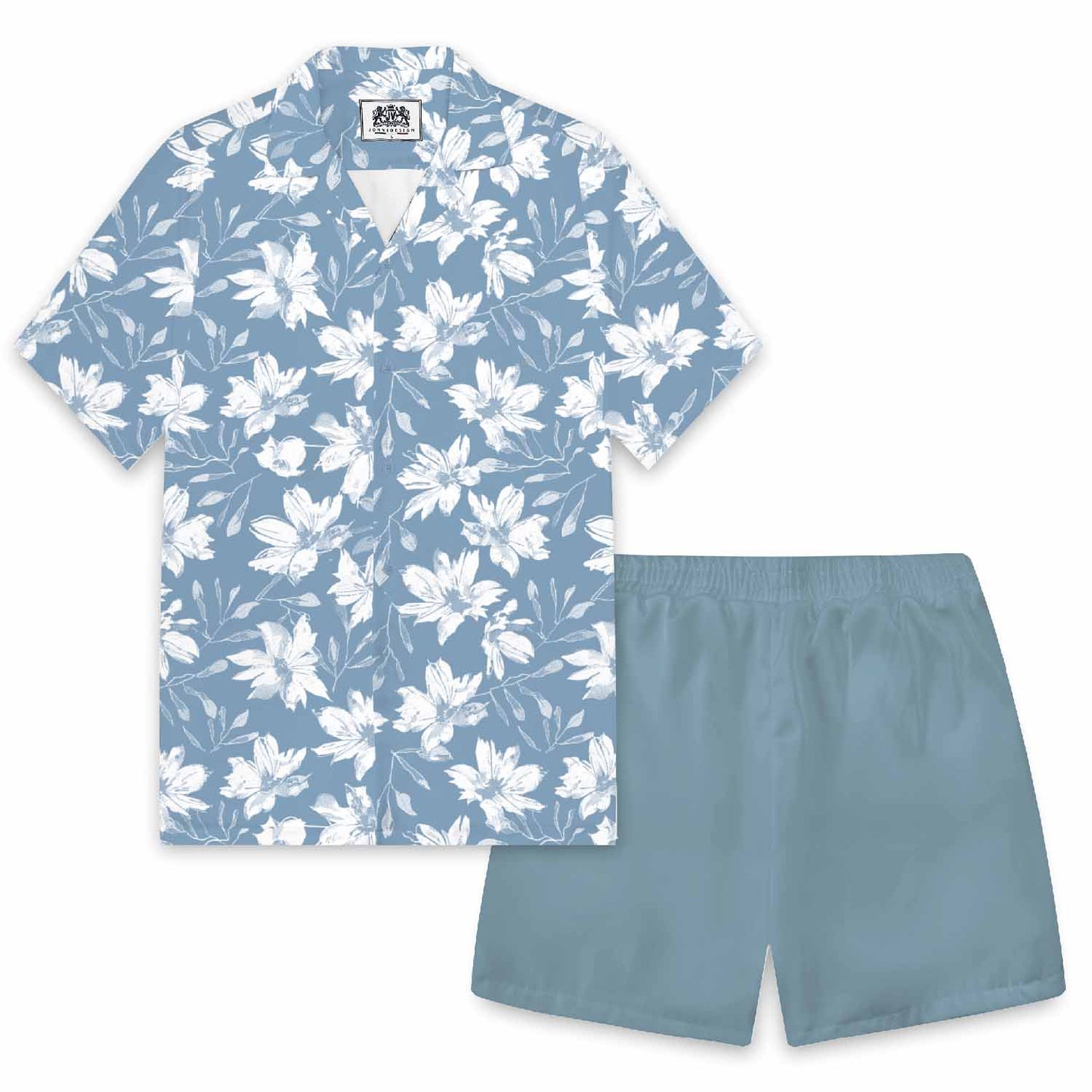 Hawaiian Shirt Blue White Floral Elastic Waistband Summer Casual Shorts