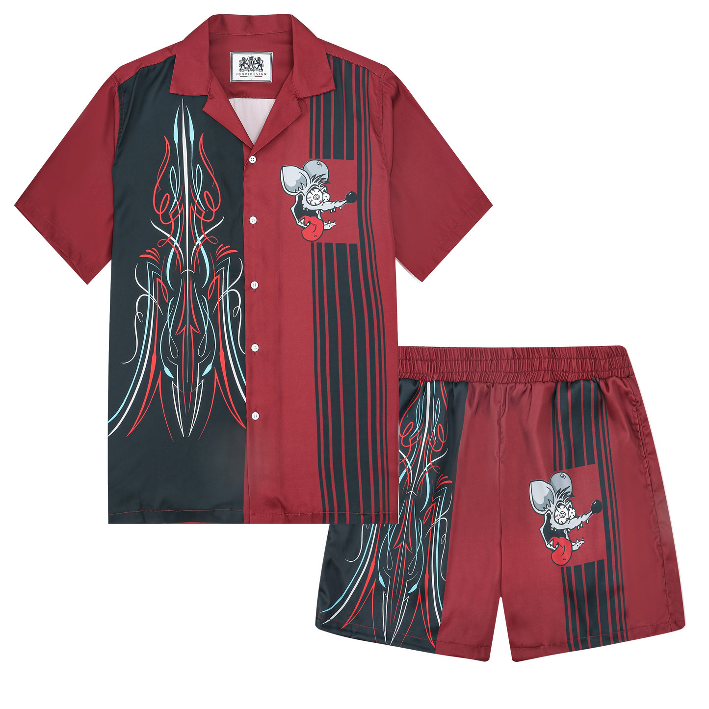 Dark Red Mouse Print Elastic Waistband Summer Casual Shorts