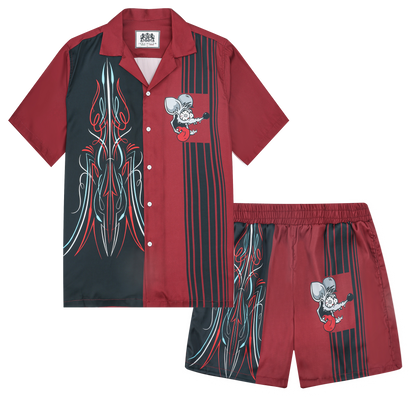 Dark Red Mouse Print Elastic Waistband Summer Casual Shorts