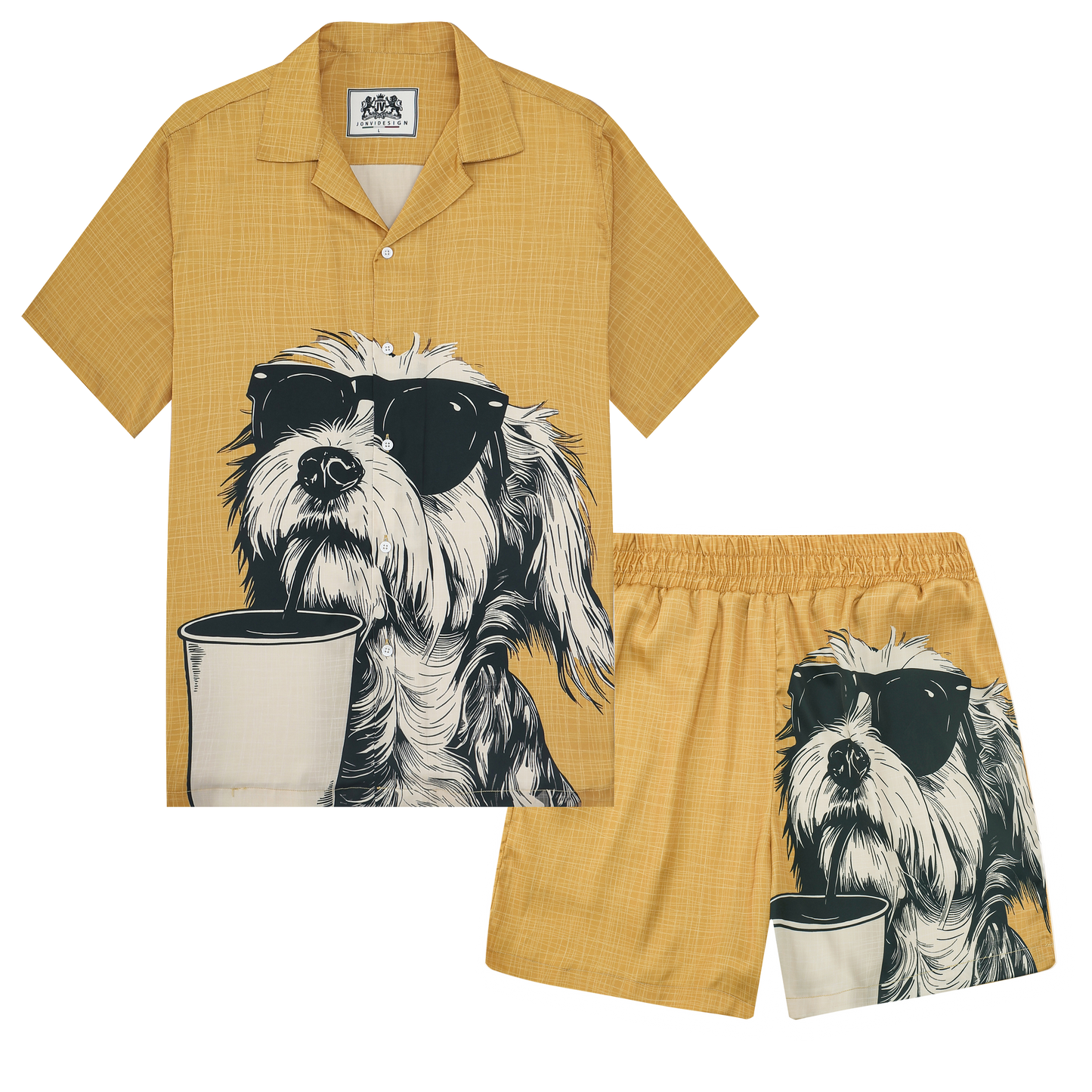 Puppy Drinking Coffee Print Camp Collar Short Sleeve Shirt