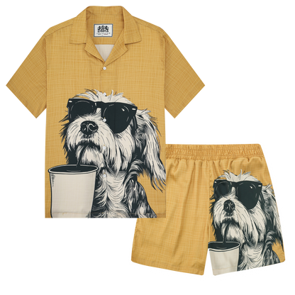 Puppy Drinking Coffee Print Camp Collar Short Sleeve Shirt
