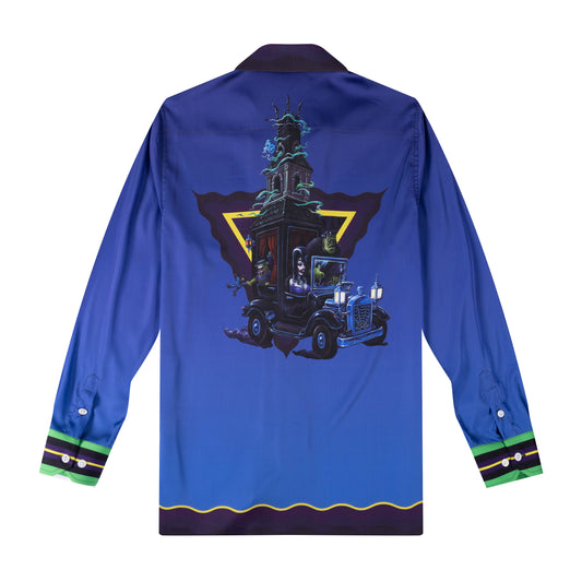 Halloween Haunted House Car Long Sleeve Camp Collar Shirt