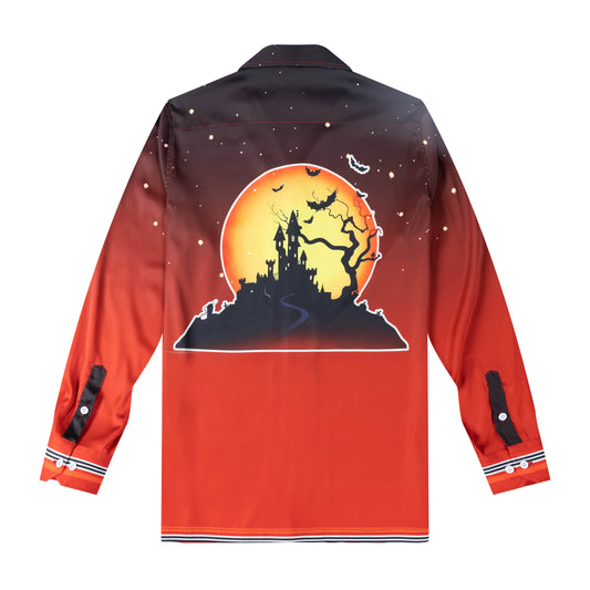 Halloween Haunted Castle Long Sleeve Camp Collar Shirt