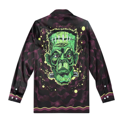 Halloween Frankenstein Graphic Long Sleeve Camp Collar Shirt