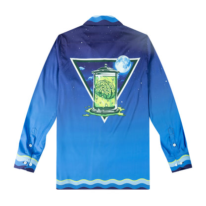 Halloween Mad Scientist Brain Jar Long Sleeve Camp Collar Shirt