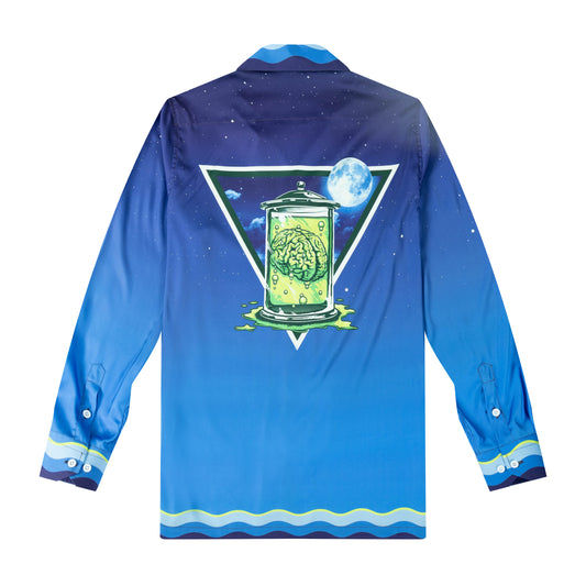 Halloween Mad Scientist Brain Jar Long Sleeve Camp Collar Shirt