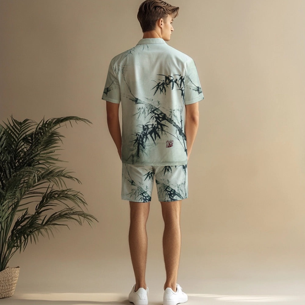 Retro Bamboo Print Design Elastic Waistband Summer Casual Shorts