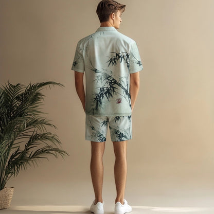 Retro Bamboo Print Design Elastic Waistband Summer Casual Shorts