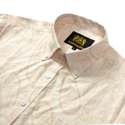 Beige Paisley Pattern Short Sleeve Dress Shirt for Men Jonvidesign