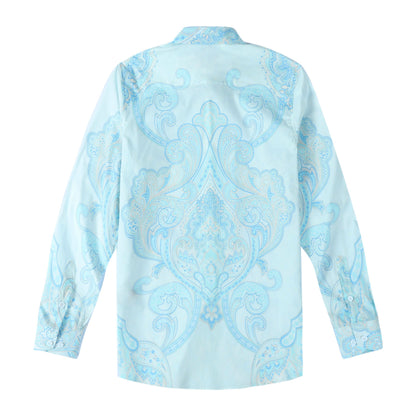 Blue Paisley Design Button Down Long Sleeve Casual Shirt Jonvidesign