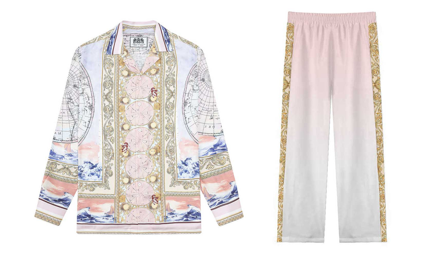 Baroque Globe Pattern Casual Trousers With Elastic Waistband