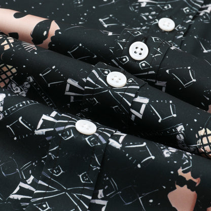 Black Beaded Lace Design Silk Fiber Short Sleeve Shirt
