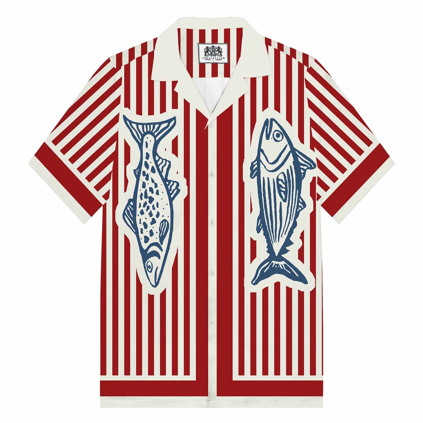 Summer Vacation Retro Fish Pattern Camp Collar Short Sleeve Shirt