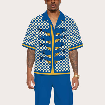Sardine Pattern Blue And White Check Camp Collar Short Sleeve Shirt