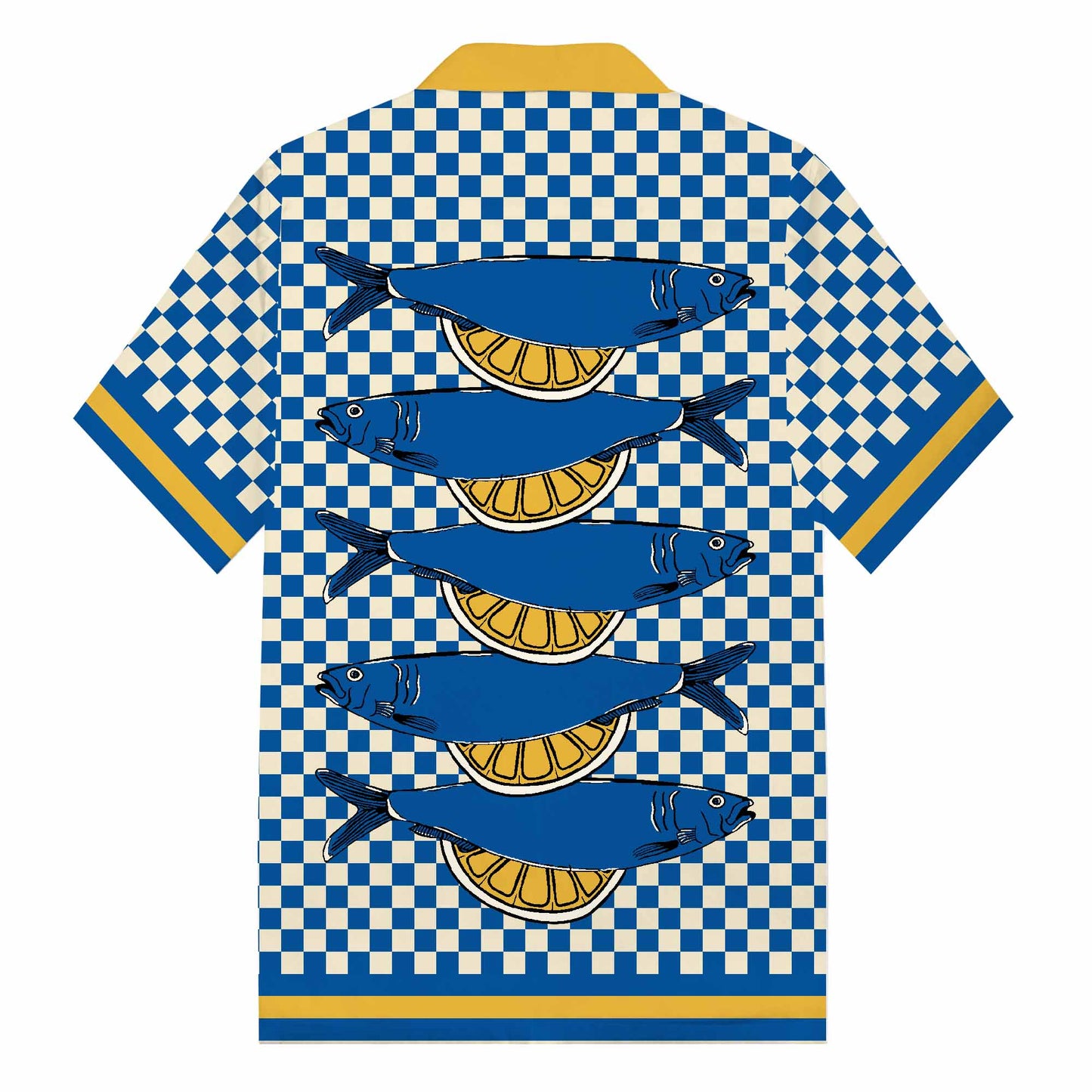 Sardine Pattern Blue And White Check Camp Collar Short Sleeve Shirt