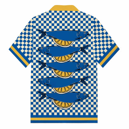 Sardine Pattern Blue And White Check Camp Collar Short Sleeve Shirt