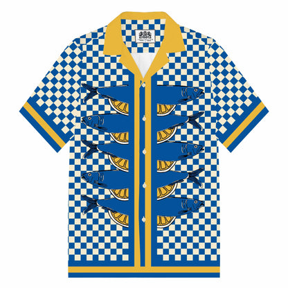 Sardine Pattern Blue And White Check Camp Collar Short Sleeve Shirt