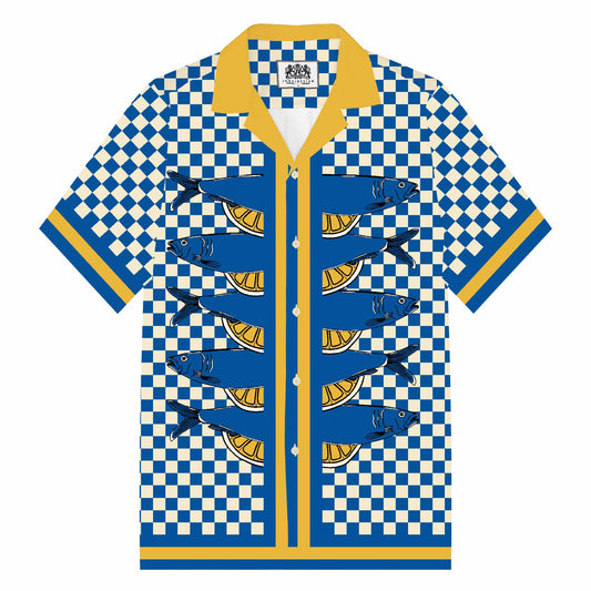 Sardine Pattern Blue And White Check Camp Collar Short Sleeve Shirt