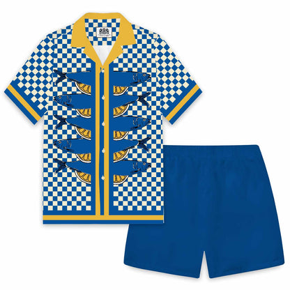 Sardine Pattern Blue And White Check Camp Collar Short Sleeve Shirt