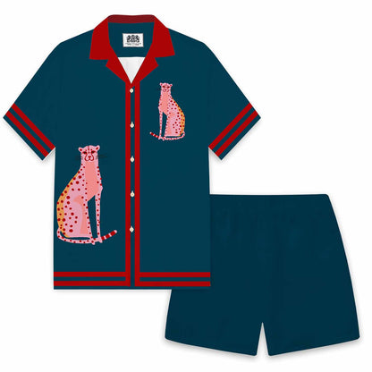Pink Leopard Print Camp Collar Short Sleeve Shirt
