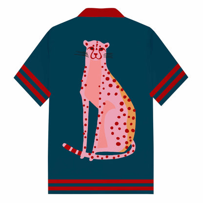 Pink Leopard Print Camp Collar Short Sleeve Shirt