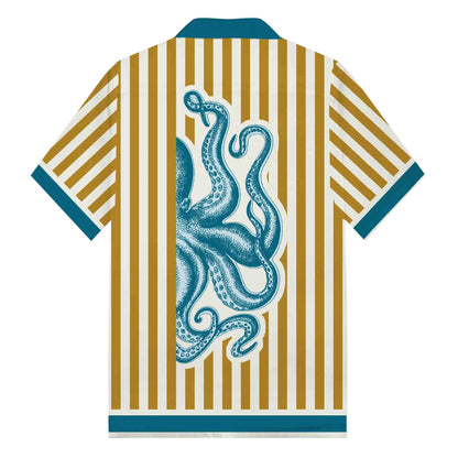 Vertical Striped Octopus Pattern Camp Collar Short Sleeve Shirt