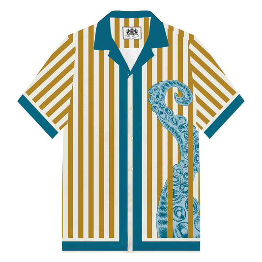 Vertical Striped Octopus Pattern Camp Collar Short Sleeve Shirt