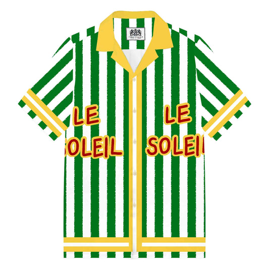 Green Vertical Stripes Camp Collar Short Sleeve Shirt