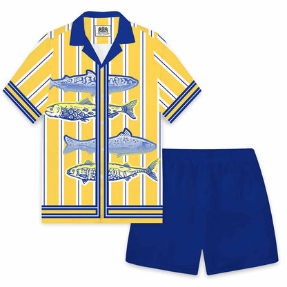 Yellow Striped Fish Print Camp Collar Short Sleeve Shirt
