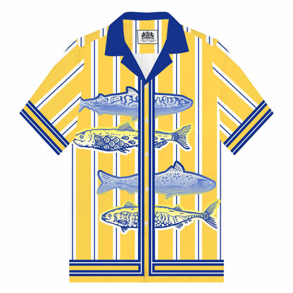 Yellow Striped Fish Print Camp Collar Short Sleeve Shirt