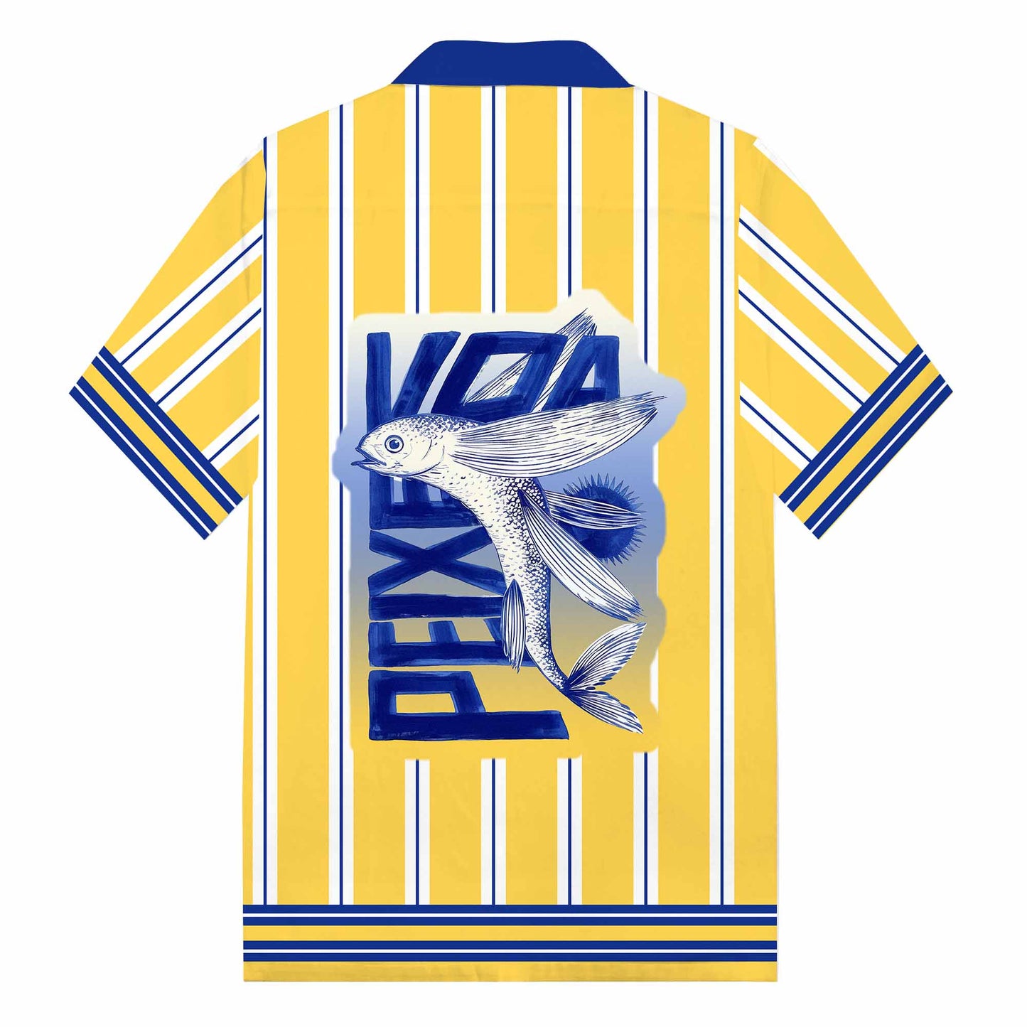 Yellow Striped Fish Print Camp Collar Short Sleeve Shirt