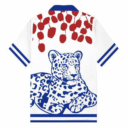 Blue Leopard Print Camp Collar Short Sleeve Shirt