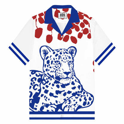 Blue Leopard Print Camp Collar Short Sleeve Shirt