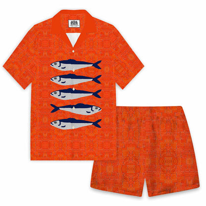 Ocean Theme Sardine Pattern Camp Collar Short Sleeve Shirt