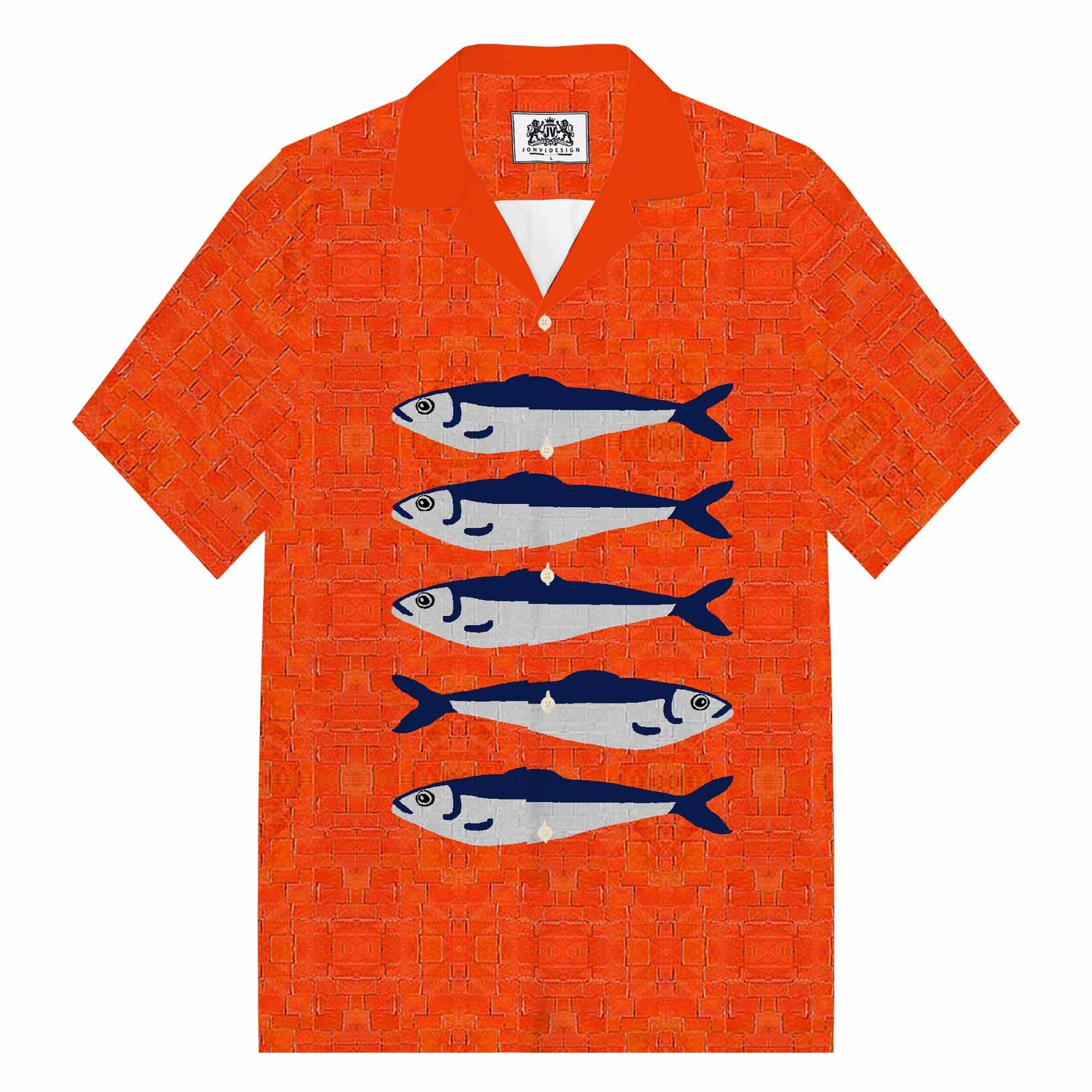 Ocean Theme Sardine Pattern Camp Collar Short Sleeve Shirt