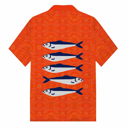 Ocean Theme Sardine Pattern Camp Collar Short Sleeve Shirt